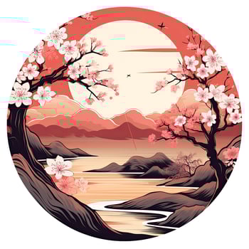 AI generated Cherry blossoms in the sunset background. Japanese tattoo style. AI Generated photo