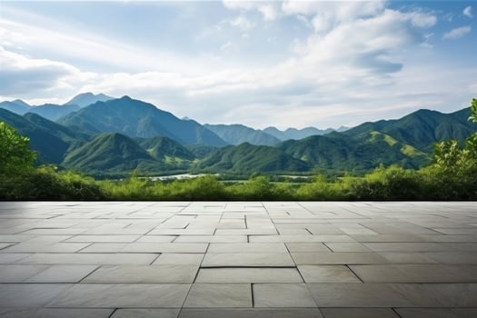 AI generated Square floor and green mountain nature landscape. AI Generated. photo