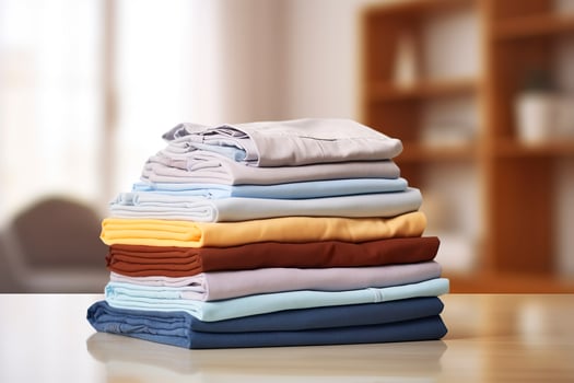 AI generated Stack of clean clothes on table in room. Generative AI photo