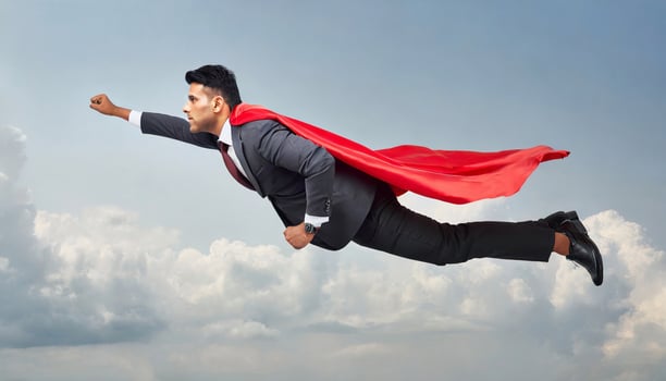 AI generated Businessman wearing red cape jumping high in sky with clouds as superhero concept photo