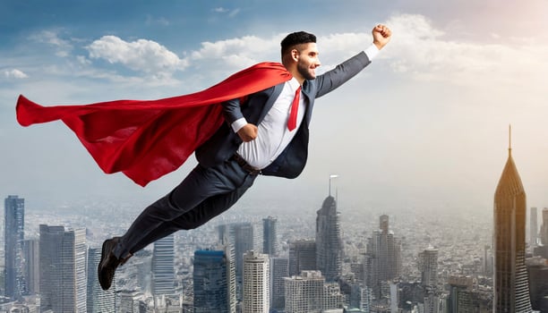 AI generated Superhero businessman flying high in the air over modern cityscape background photo