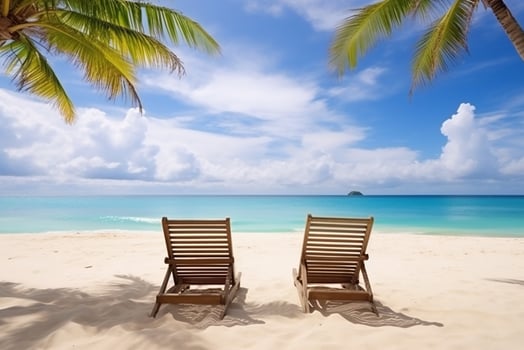 AI generated Beautiful tropical beach and sea with two chairs on the sand and palm trees. photo