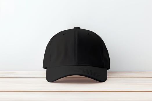 AI generated empty mockup black cap view wooden table photo