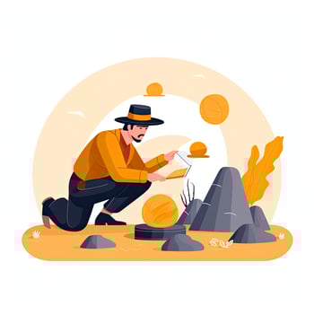 AI generated Minimalist UI illustration of an archaeologist uncovering artifacts in a flat illustration style on a white background photo