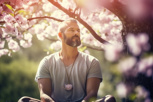 AI generated a man meditate and sitting outdoors in park photo