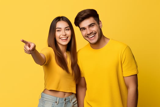 AI generated stupefied young female and male colleagues point with both index fingers photo