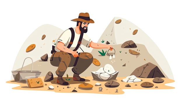 AI generated Minimalist UI illustration of an archaeologist uncovering artifacts in a flat illustration style on a white background photo