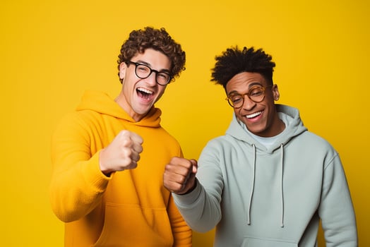AI generated Portrait of a two happy young men triumphing glad expressions isolated over yellow background photo