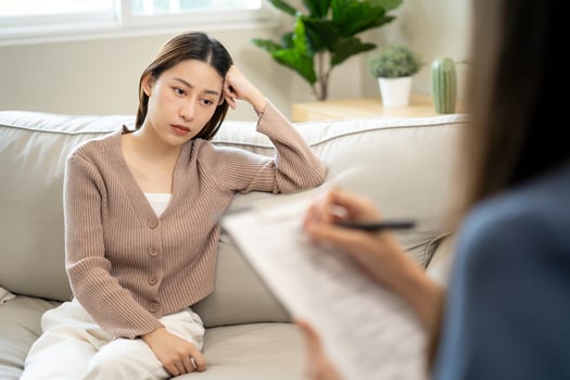 woman with mental health problems is consulting. psychiatrist is recording the patient's condition for treatment. encouragement, love and family problem, bipolar , depression patient, protect suicide photo