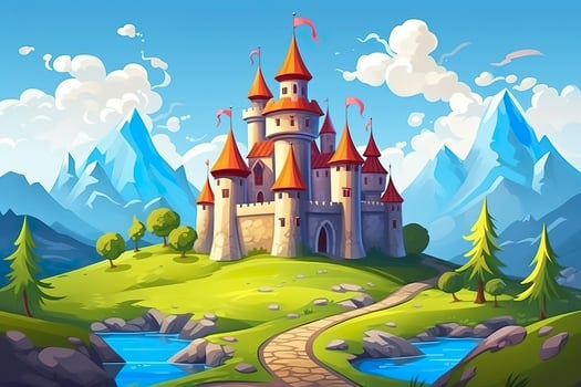 AI generated A World of Imagination. A 3D Landscape with Blue Sky, White Clouds, Green Grass, Mountains, a River, and a Large Castle. AI Generative photo