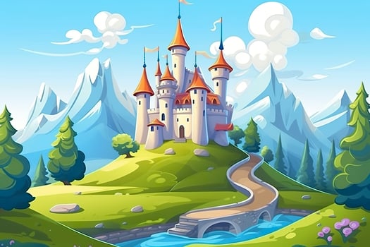 AI generated A World of Imagination. A 3D Landscape with Blue Sky, White Clouds, Green Grass, Mountains, a River, and a Large Castle. AI Generative photo