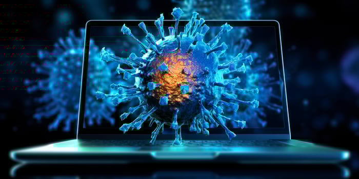 AI generated Computer screen showing an installing update notification with a virus symbol,  AI Generative photo