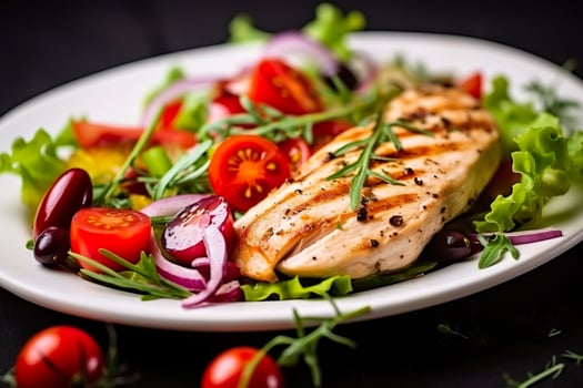 AI generated Grilled chicken breast with tomatoes, red pepper, organic green and kalamata olives. AI Generated photo