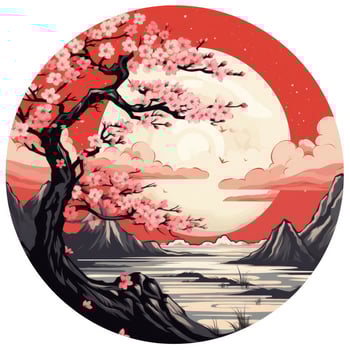 AI generated Cherry blossoms in the sunset background. Japanese tattoo style. AI Generated photo