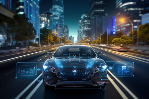 AI generated Modern smart car technology intelligent system using Heads up display HUD Autonomous self driving mode vehicle on city road with graphic sensor radar signal system intelligent car. photo