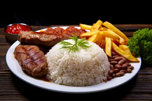 AI generated Rice, beans, French fries, and meat. Generative AI photo