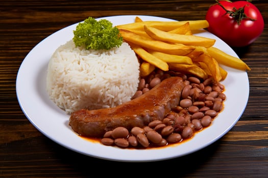 AI generated Rice, beans, French fries, and meat. Generative AI photo