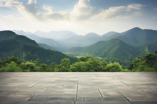 AI generated Square floor and green mountain nature landscape. AI Generated. photo