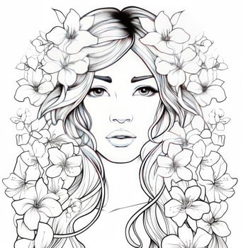 AI generated A girl on a coloring book page with Jasmine flowers. AI Generated photo
