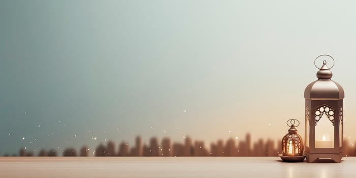 AI generated Celebration of islamic eid mubarak and eid al adha lantern in a light background. AI Generated photo