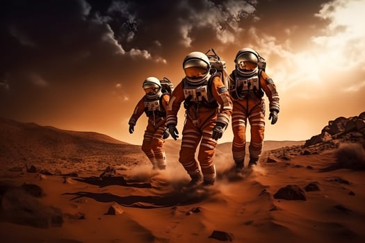AI generated Adventure of three spacemen or astronauts on Mars. photo