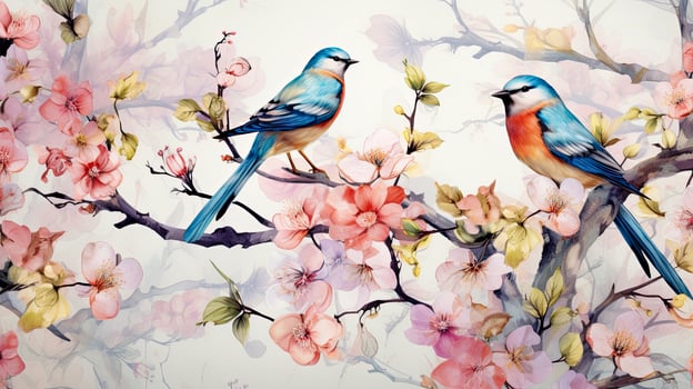 AI generated Watercolor painting pattern of colorful birds standing on tree branches with butterflies and beautiful flowers in a harmonious color photo