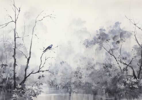 AI generated Luxurious Opulence Painted Wallpaper Depicting a Forest with a Grove of Trees and Birds, Crafted in Monochromatic Ink Wash. Wall Art Painting for Japan, China. photo