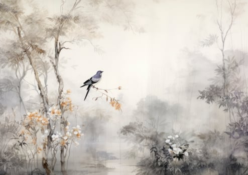 AI generated Luxurious Opulence Painted Wallpaper Depicting a Forest with a Grove of Trees and Birds, Crafted in Monochromatic Ink Wash. Wall Art Painting for Japan, China. photo