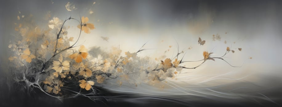 AI generated Golden Foliage Traditional Oil Painting Abstract in Grey and Beige Textured Tones, Featuring Gold Foliage Against a Rich Black Canvas. photo