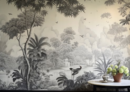 AI generated Luxurious Opulence Painted Wallpaper Depicting a Forest with a Grove of Trees and Birds, Crafted in Monochromatic Ink Wash. Wall Art Painting for Japan, China. photo