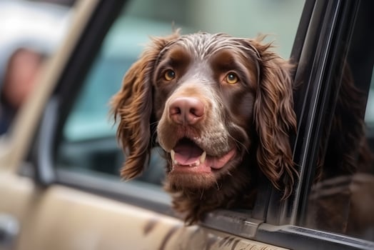 AI generated Funny Dog Out Of Car Window. Neural network AI generated photo