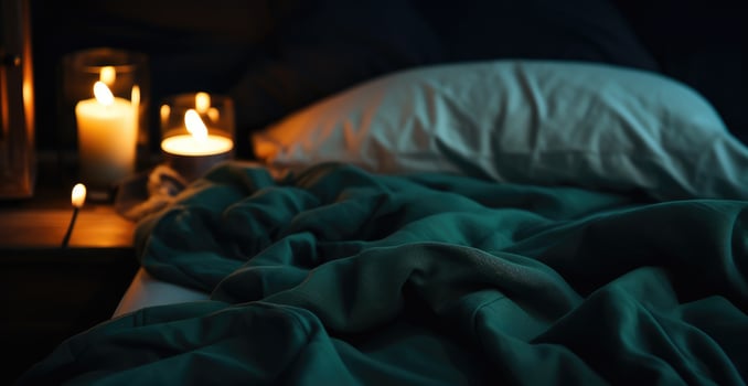 AI generated a bed is covered with blankets and candles photo