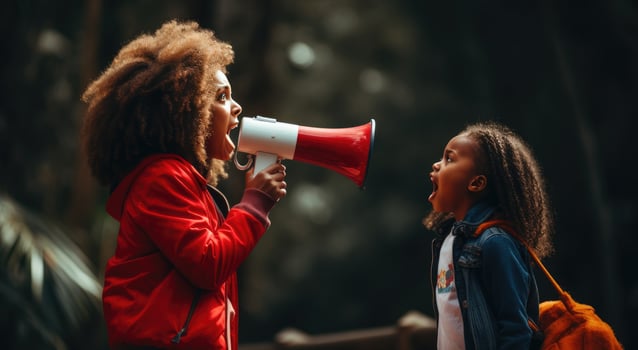 AI generated a child speaking with a red megaphone black woman photo