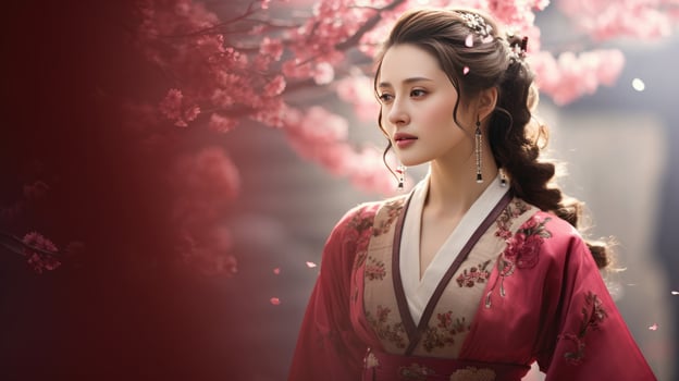 AI generated a lady wearing a traditional chinese costume looks at some cherry blossoms photo