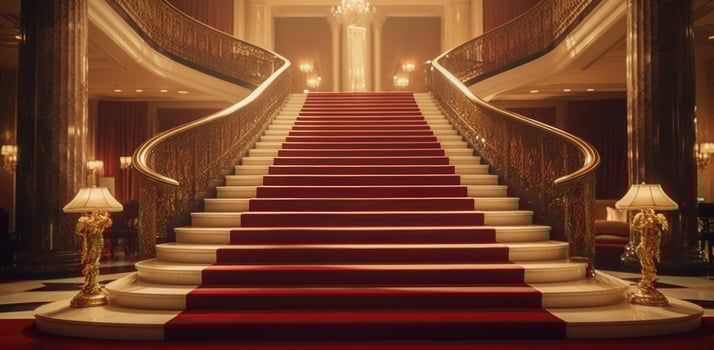 AI generated beautiful red carpet and the stairs leading into the lobby photo
