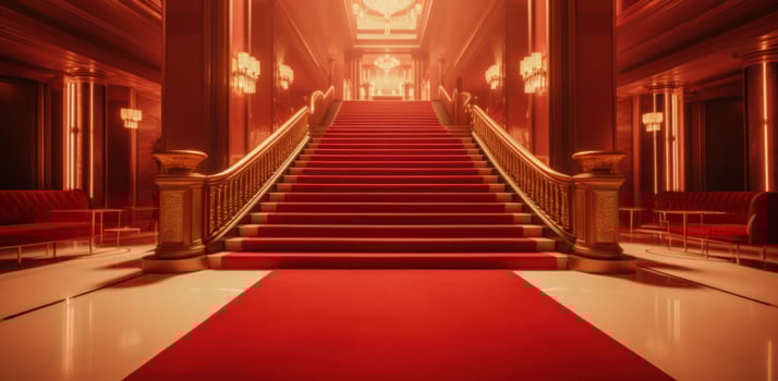AI generated beautiful red carpet and the stairs leading into the lobby photo