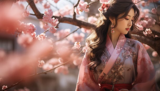AI generated woman of chinese heritage in a traditional outfit walking through blossoming trees photo