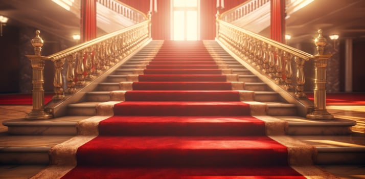 AI generated red carpet and gold ropes at a golden staircase photo