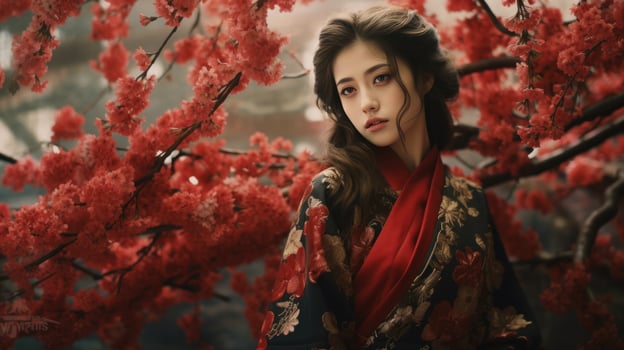AI generated the girl in a kimono and kimonos is walking among cherries photo