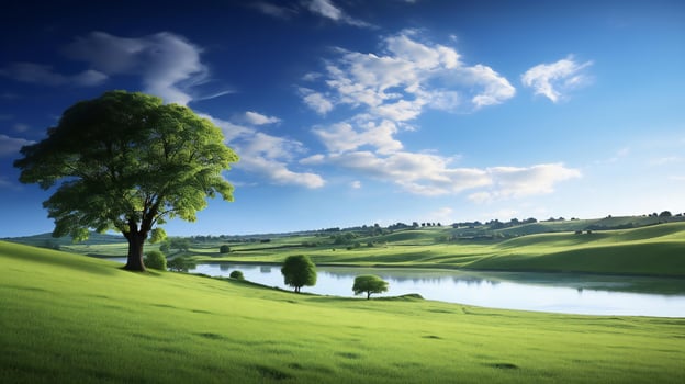 AI generated a beautiful landscape with a lake and trees photo