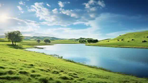 AI generated the lake is surrounded by green grass and trees photo