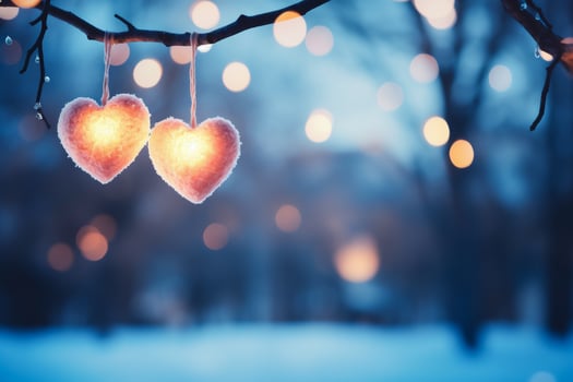 AI generated Two hearts on a branch of a tree in the winter forest. photo