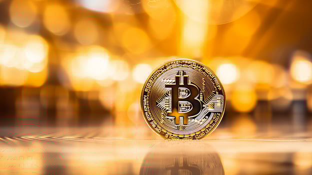 AI generated Bitcoin on yellow abstract background with defocused effect and copy space for text placement photo