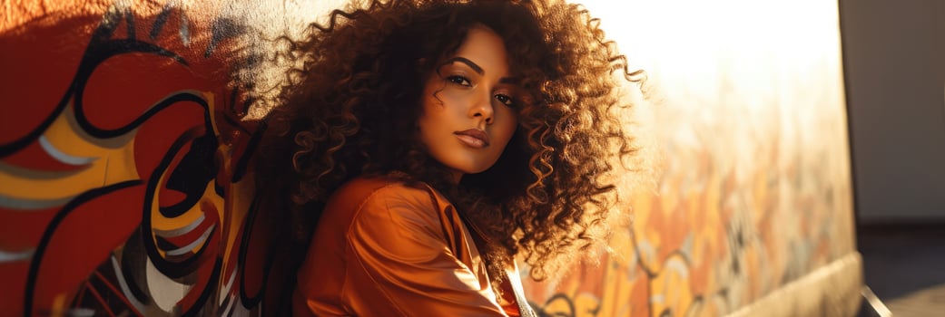 AI generated a woman with curly hair posing in front of graffiti wall, in the style of warm tones, generative AI photo