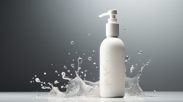 AI generated Elegantly designed dispenser bottle amidst splashing water, illustrating purity and skincare luxury. photo