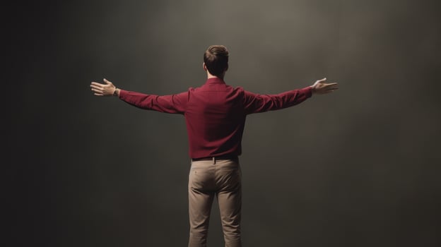 AI generated Man with arms spread wide, embracing the spotlight on stage, symbolizing victory, performance, or revelation. photo