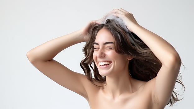 AI generated Joyful woman lathering shampoo in hair, captured mid-laugh, embodying carefree moments of self-care. photo