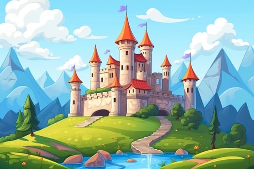 AI generated A World of Imagination. A 3D Landscape with Blue Sky, White Clouds, Green Grass, Mountains, a River, and a Large Castle. AI Generative photo