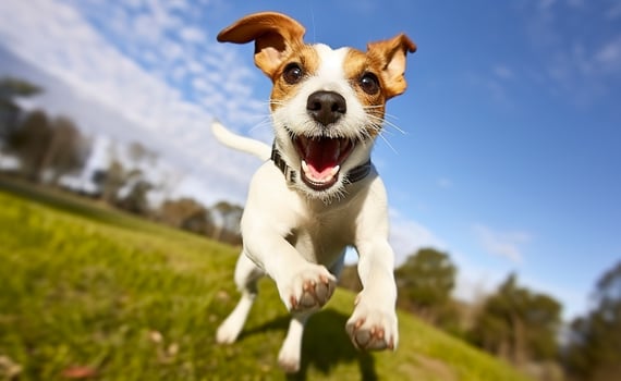 AI generated Jack Russel Parson Dog Run Toward The Camera Low Angle High Speed Shot. AI Generated photo