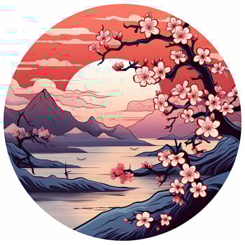 AI generated Cherry blossoms in the sunset background. Japanese tattoo style. AI Generated photo
